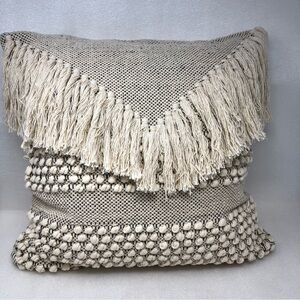Boho Fringe Beige Decor Throw Pillow 20”x20”